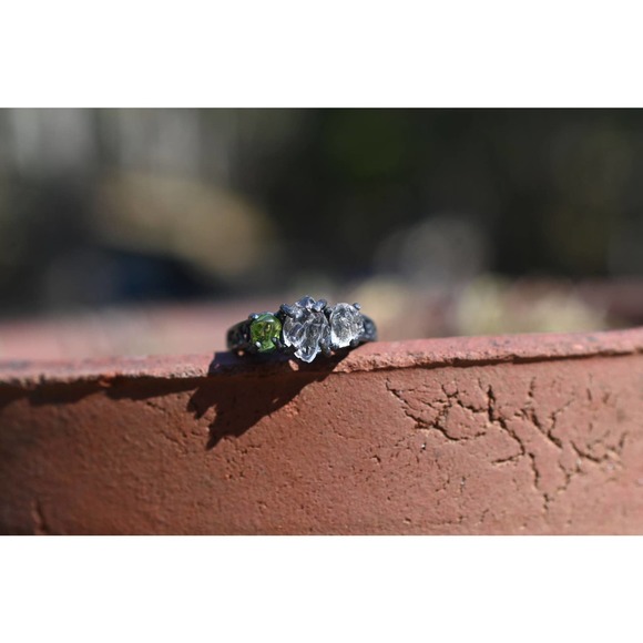 Unique Raw Peridot Engagement Ring, oxidized sterling silver, size 3 4 5… - Picture 2 of 6